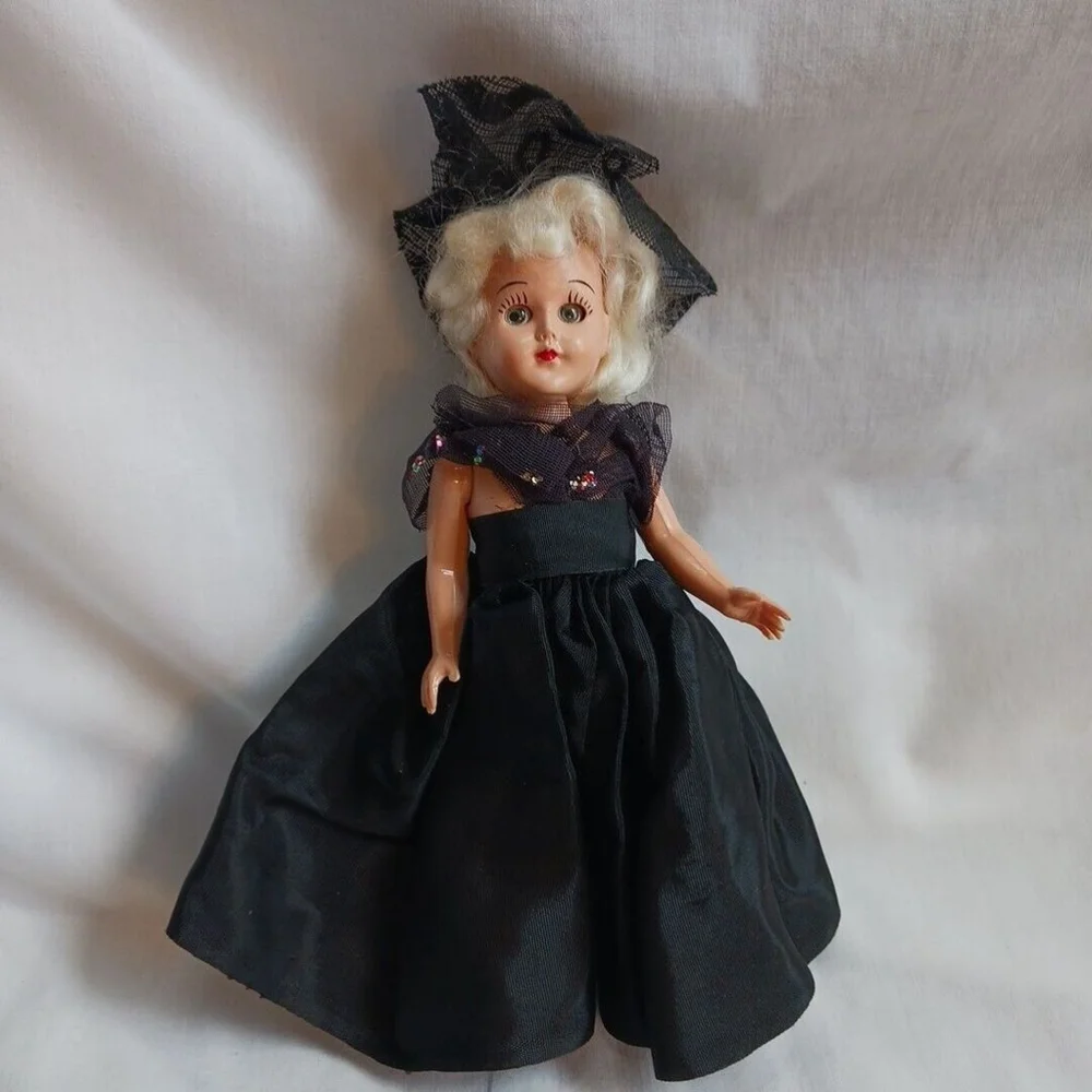 Vintage Open Shut Eye Doll Black Dress Blonde Hair